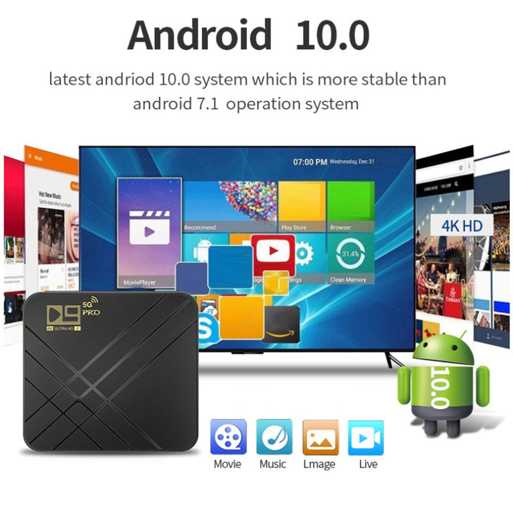 TV Box chiếu phim tại nhà D9 PRO lõi 4 Bluetooth 4K H.265 2021 phát truyền thông 8+128GB Amlogic S905L Android 10.0