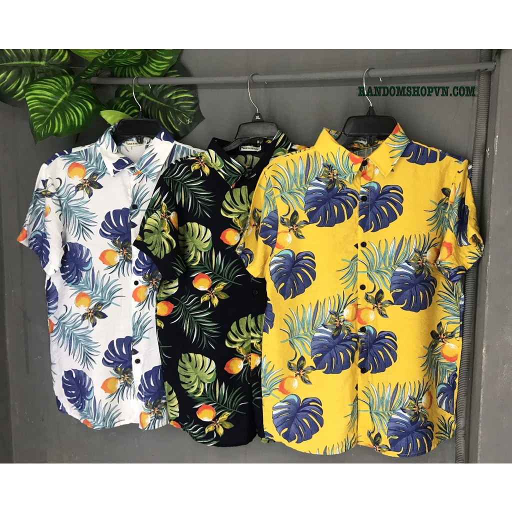Áo sơ mi hawaii họa tiết lá đào mặc nhóm đi biển | BigBuy360 - bigbuy360.vn