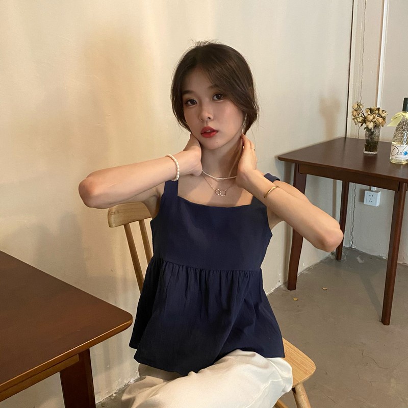 Áo Tank Top Sát Nách Cổ Vuông Dáng Rộng Màu Trơn Phối Dây Buộc Sau Lưng Kiểu Hàn Quốc Thời