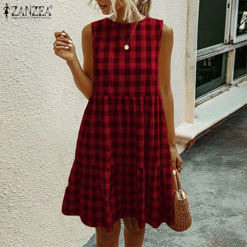 Đầm ZANZEA không tay cổ tròn họa tiết caro nhún bèo dáng rộng dành cho nữ