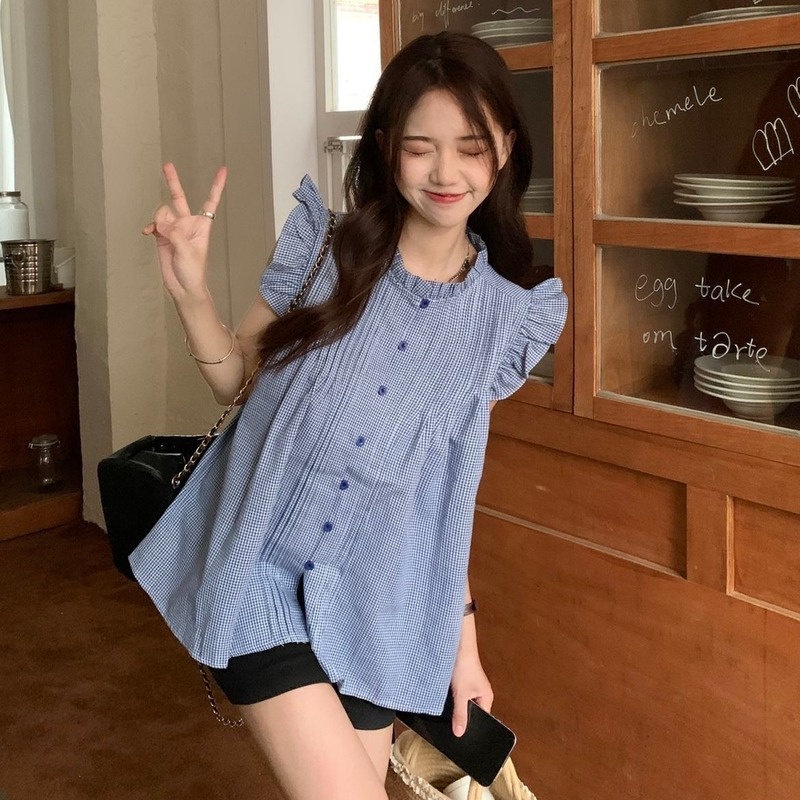 Áo Sơ Mi Tay Cánh Tiên Xếp Ly Họa Tiết Kẻ Sọc Phong Cách Pháp Thời Trang Mùa Hè 2022 Mới