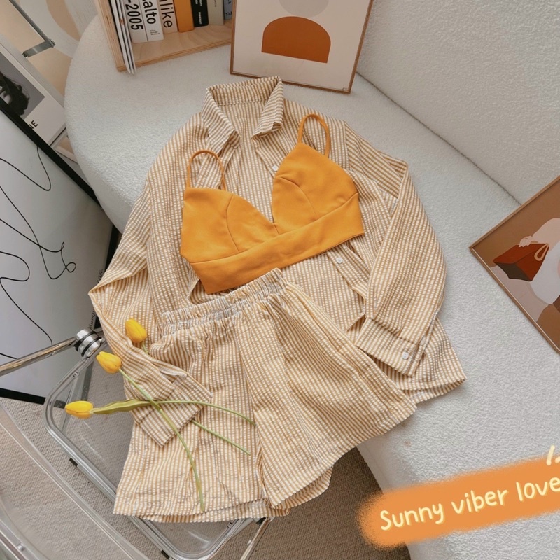 Set khoác sơ mi sọc + bra 2s + short sọc