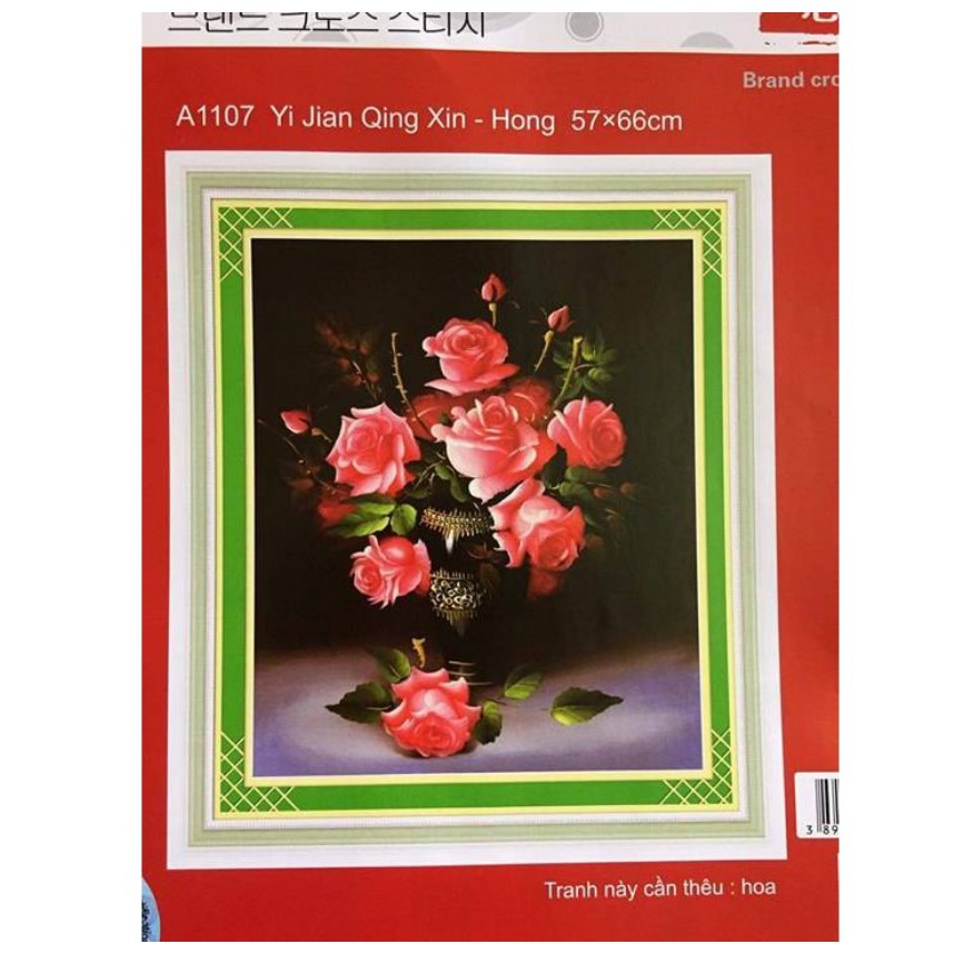 Tranh Thêu Chữ Thập BÌNH HOA HỒNG. Kích Thước: 57cm x 66cm