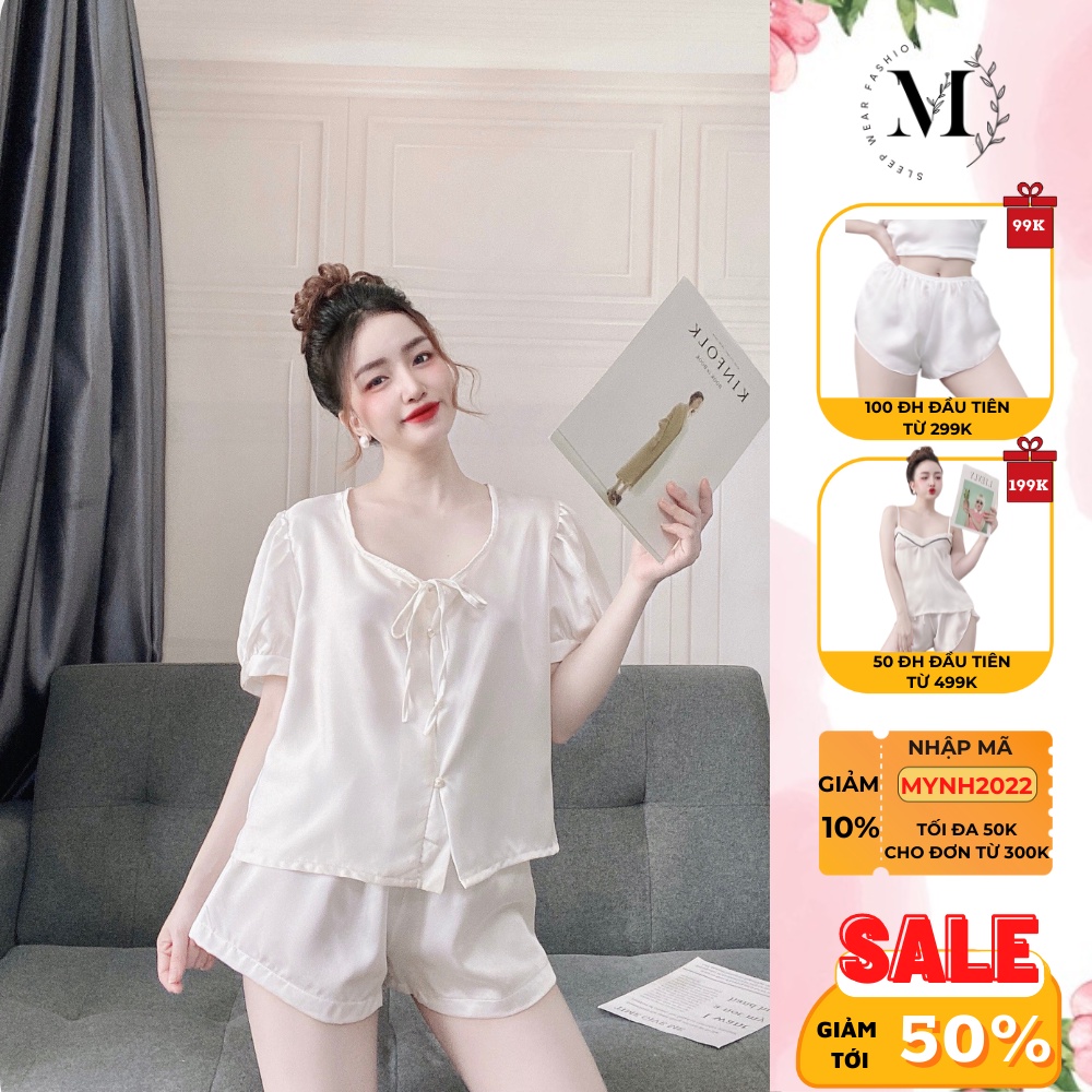 Đồ ngủ tiểu thư sexy tay ngắn đính nút ngọc gợi cảm mặc nhà chất liệu lụa satin mềm mịn 037