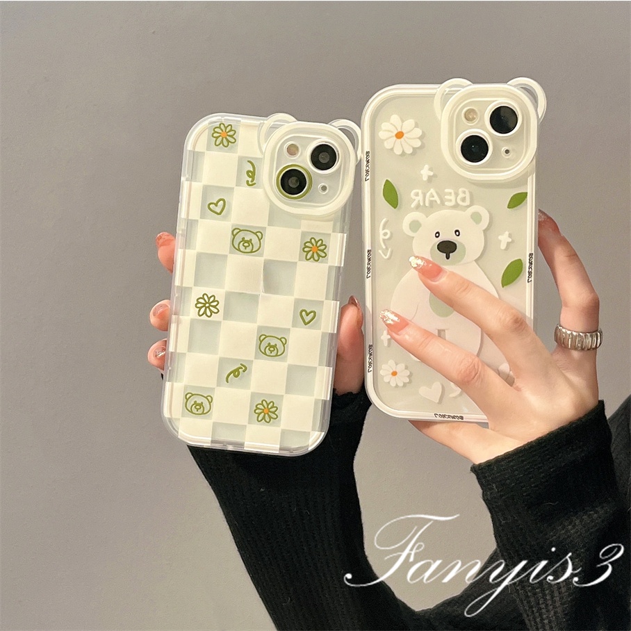Ốp Điện Thoại Mềm Trong Suốt Họa Tiết Sọc Caro Đính Tai Gấu Cho iPhone 14 13 12 11 Pro Max X XR Xs Max 8 7 6 6s Plus SE 2020