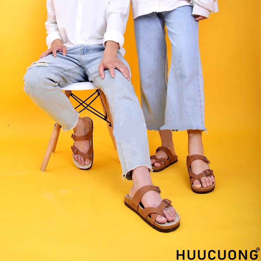 Dép unisex HuuCuong xỏ ngón pu nâu đế trấu