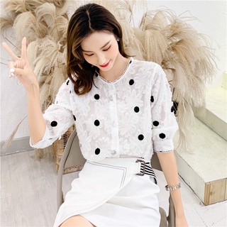Mùa Hè Giữa Tay Top Nữ Phiên Bản Hàn Quốc Chấm Bi Áo Sơ Mi Voan Phù Hợp Với Áo Sơ Mi Cổ Tích