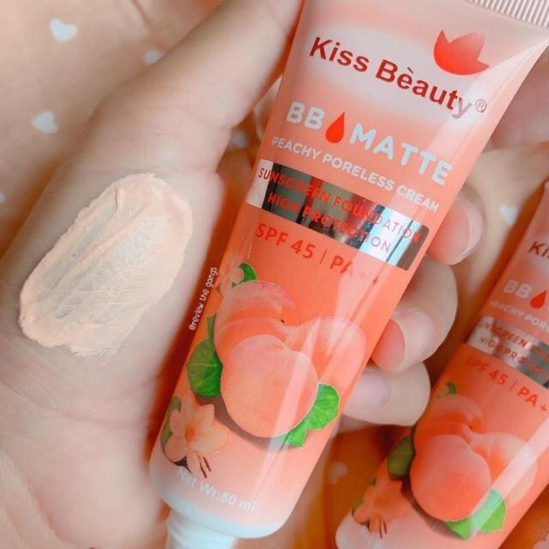 Kem lót nền BB Matte Kiss Beauty đào 50ml, Kem nền Kiss Beauty 2 in 1 che khuyết điểm và kiềm dầu