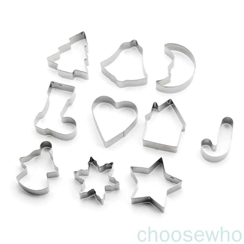 Set 10 khuôn cắt bánh quy/kẹo mềm bằng thép không gỉ hình bông tuyết/chuông/ngôi sao/cây thông giáng sinh/ngôi nhà