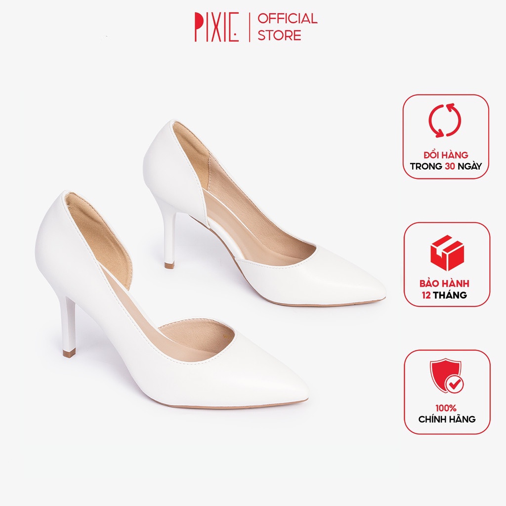 Giày Cao Gót 7cm Gót Nhọn Hở Eo Màu Kem Pixie X693