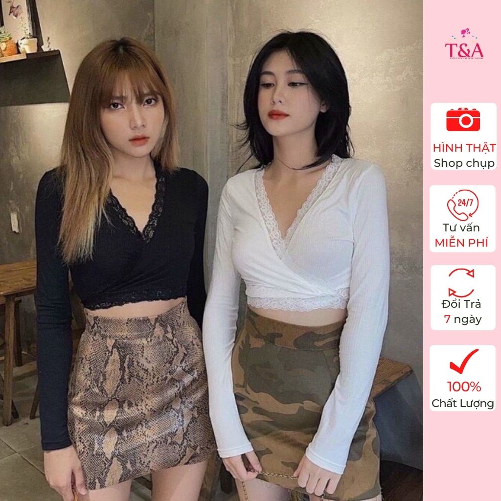 Áo croptop tay dài phối ren cột dây eo quyến rũ - 746