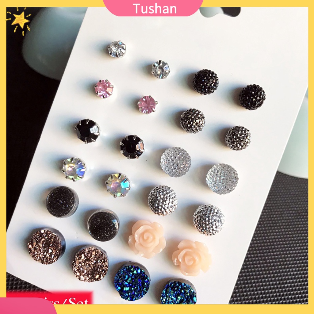 Bộ 12 cặp khuyên tai đính kim cương giả phong cách sang trọng thanh lịch cho nữ