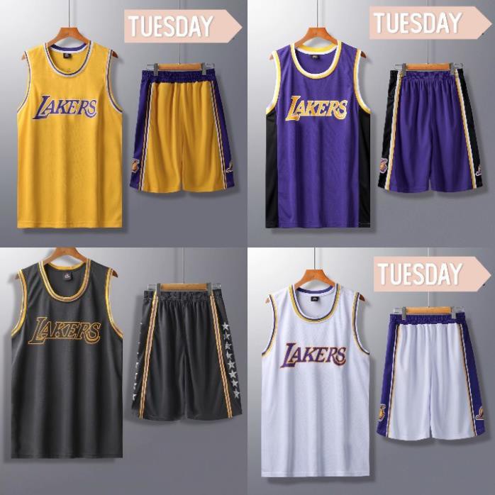 Bộ quần áo bóng rổ NBA Los Angeles Lakers trơn không số hàng đẹp nam nữ vải mè thoáng mát thấm mồ hôi tốt *