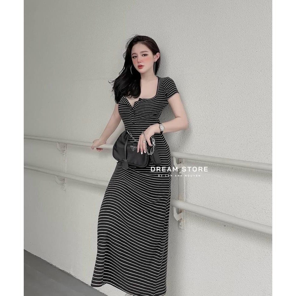 đầm cổ vuông cài nút tay ngắn kẻ sọc xinh dáng dài