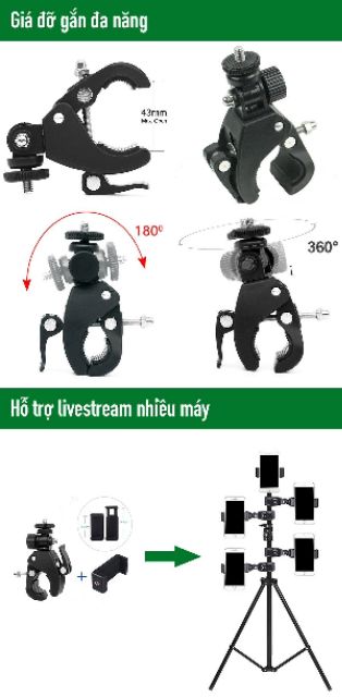 Tay giữ điện thoại - máy ảnh - camera kẹp chân tripod - xe máy - đạp - giá đỡ - giúp livestream nhiều máy một lúc