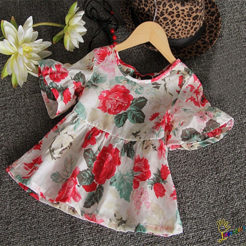❤XZQ-Fashion Baby Kids Girls Floral Short Sleeved Flounced T-Shirt Tops Blouses 1-6T