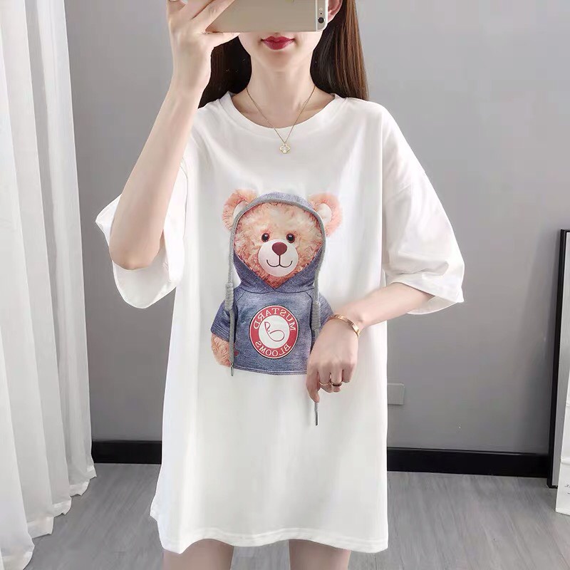 ÁO PHÔNG GẤU ĐỘI MŨ A HÌNH IN 5D TO ĐẸP SIÊU NÉT CHUẨN MẪU .SAO THUN NỮ UNISEX MAX RẺ  CHÁT COTTON TAY LỠ FROM RỘNG