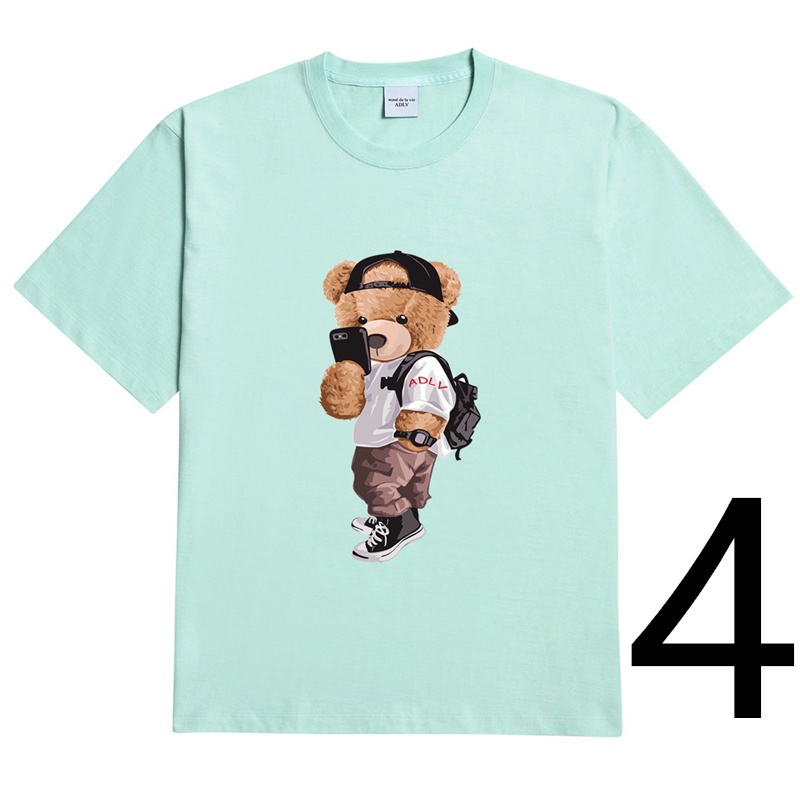 Áo thun ADLV vải cotton ngắn tay dáng rộng in hình gấu cổ điển phong cách unisex 7 màu tùy chọn