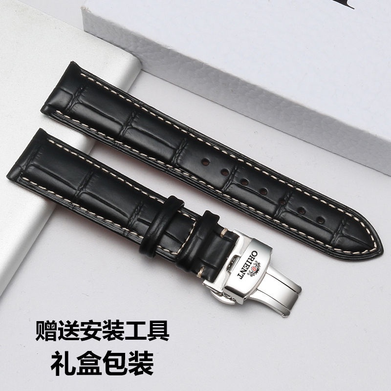 9-11✈Dây Đeo Bằng Da Thật Có Khóa Hình Hai Con Sư Tử 18 / 20 / 22mm Cho Đồng Hồ orient orient