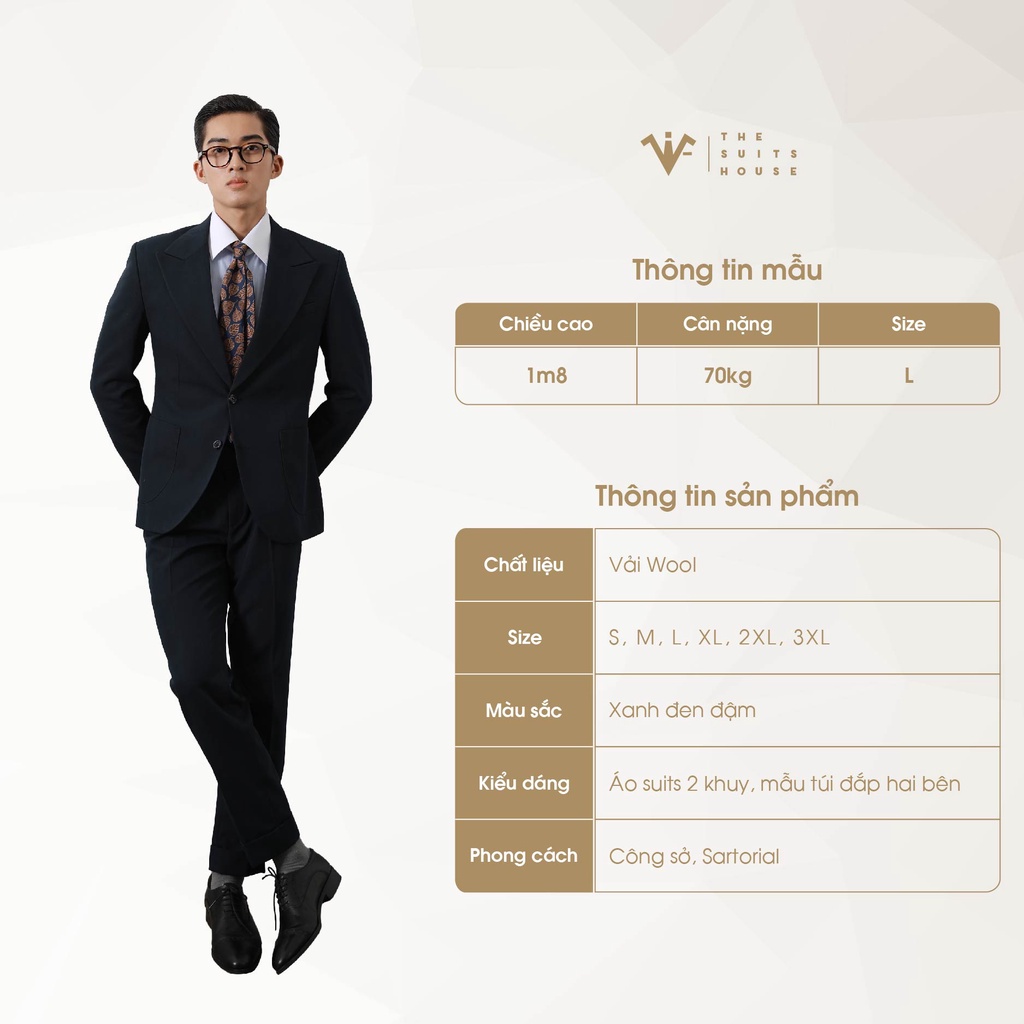 Bộ vest nam xanh đen đậm 2K túi đắp, suits sartorial chất cashmere The Suits House