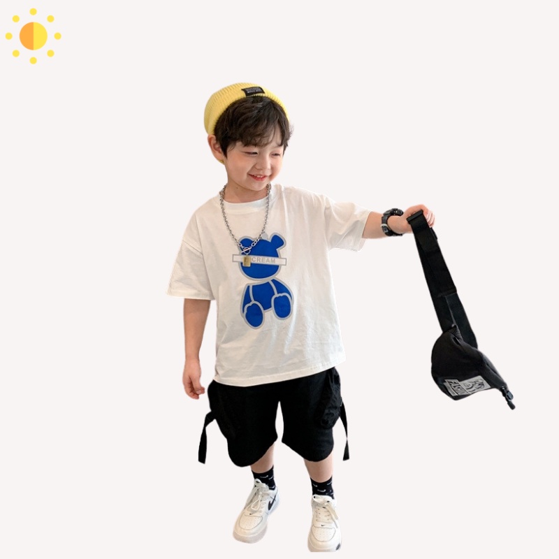 Áo thun cộc tay cotton cho bé trai bé gái  size 2- 9 tuổi màu trắng hình gấu đáng yêu - OA074