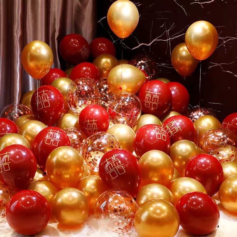 Bóng đỏ lựu chữ hỷ 2 lớp trang trí tiệc cưới, phòng cưới