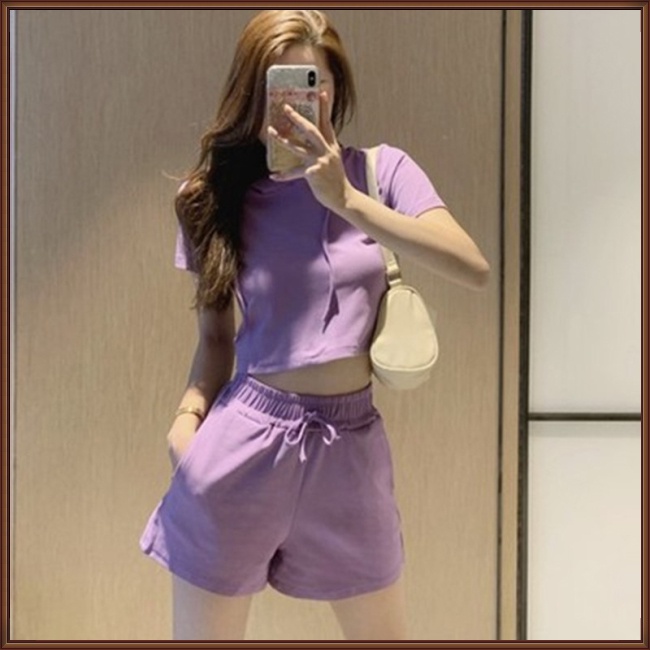 Set Đồ Thể Thao 2 Món Gồm Áo Cotton Pha Có Mũ Trùm Tay Ngắn Và Quần Short Thể Thao Cho Nữ