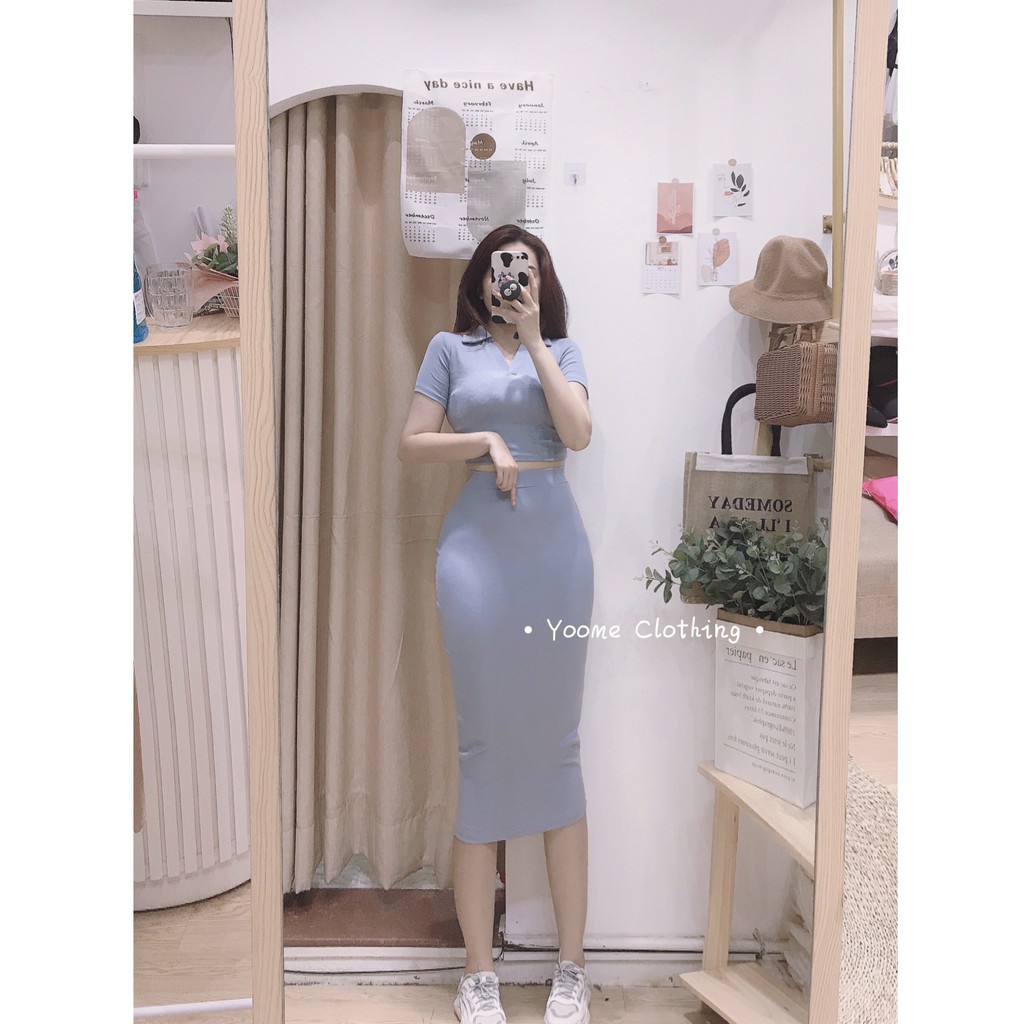 Set áo croptop cổ V  chân váy dài chất thun zip dày co giãn đa chiều [ ảnh thật tại shop ] | BigBuy360 - bigbuy360.vn