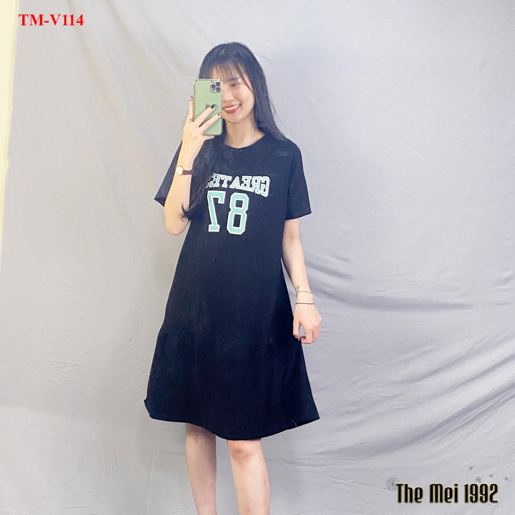 Váy thun suông nữ The Mei 1992 - Đầm bầu cao cấp chất cotton mát dáng đuôi cá có chữ trước ngực siêu xinh | BigBuy360 - bigbuy360.vn