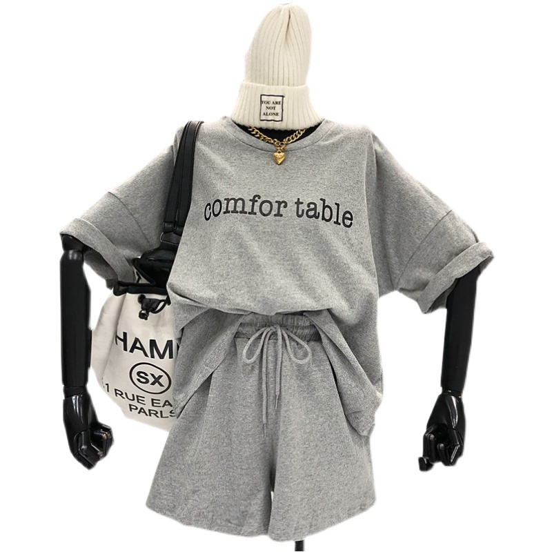 SUXI Set áo thun tay ngắn cổ tròn + quần ngắn dây rút thiết kế mới thời trang mùa hè cho nữ