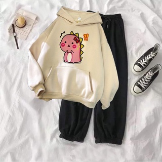 Sét bộ áo hodie khủng long hồng cute quần bom đen