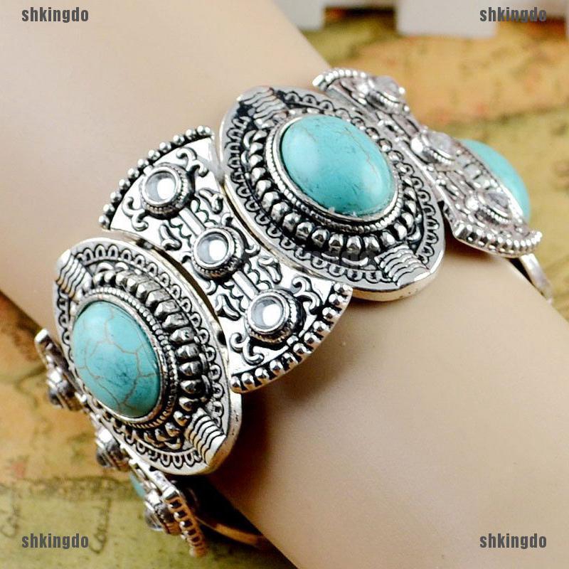 Vòng tay bản lớn đính hạt đá ngọc lam tự nhiên phong cách Boho
