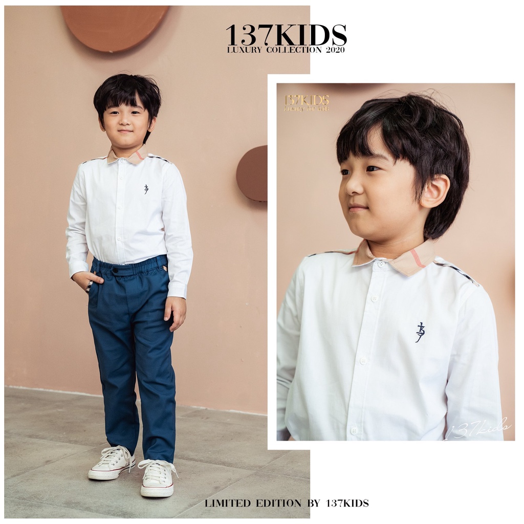 Áo sơ mi trắng dài tay 137KIDS chất cotton cổ burberry sang chảnh cho bé trai