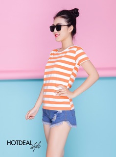 Áo thun unisex kẻ cọc cam