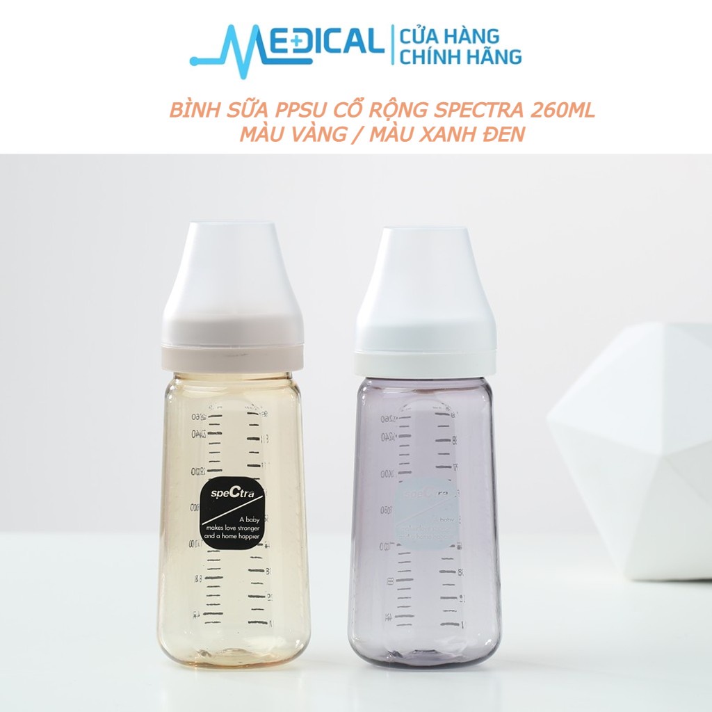 Bình sữa PPSU cổ rộng dùng cho máy hút sữa SPECTRA 260ml kèm núm ti size M/L/XL chính hãng - MEDICAL
