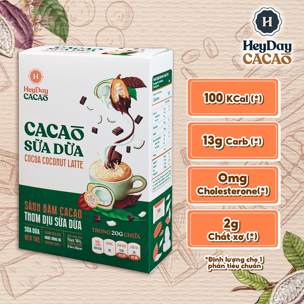 Bột Cacao Sữa Dừa Heyday - Hộp Giấy 12 Gói Tiện Lợi 20g - Bột cacao sữa dừa tự nhiên, thuần chay - Heyday Cacao