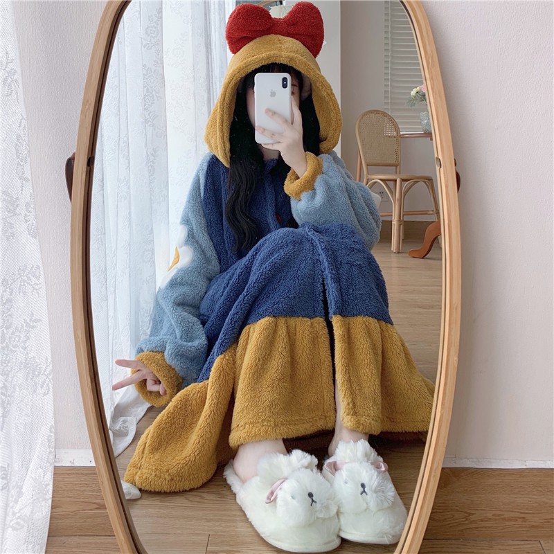 Phiên bản Hàn Quốc của bộ đồ ngủ pijama lông cừu san hô mùa thu đông ngọt ngào và đáng yêu