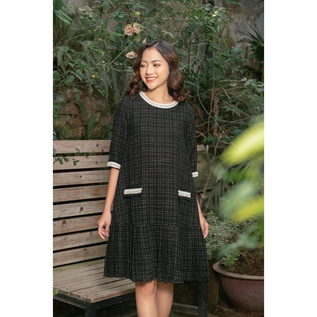 Sale Sốc Váy bầu thu đông thiết kế dạ tweed cổ viền trai /Váy bầu dáng xuông ấm áp mùa đông Bella mama