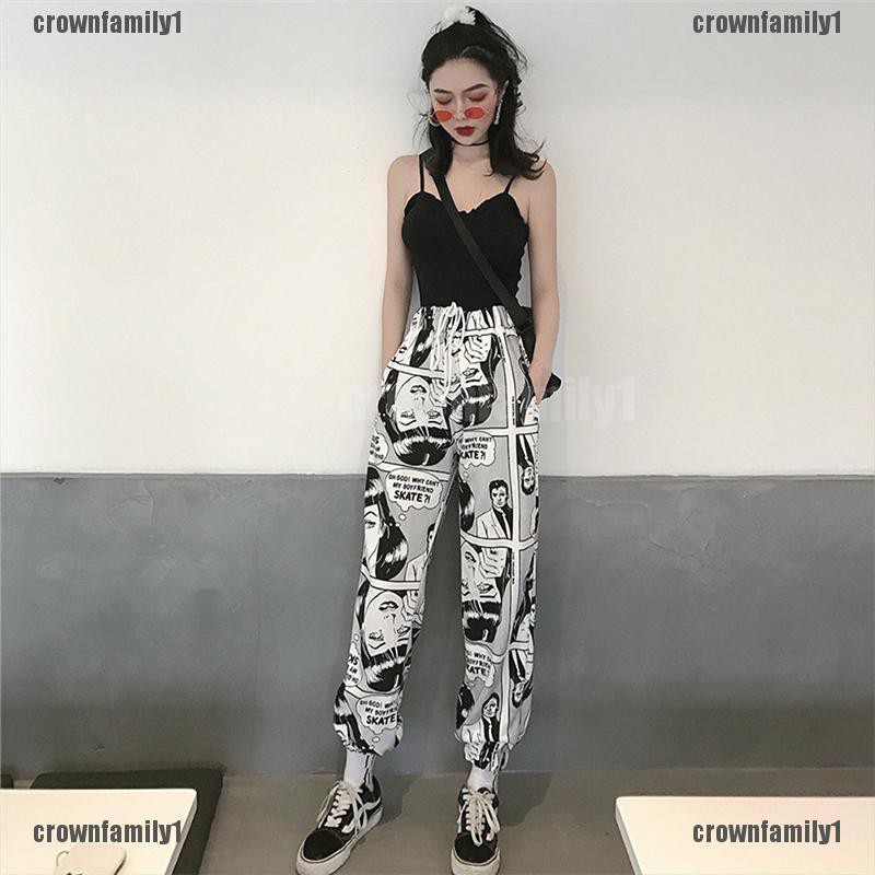 {crownfamily1} Mens Womens Comic Printed Casual Loose Hip Hop Harajuku Sport Pants Streetwear