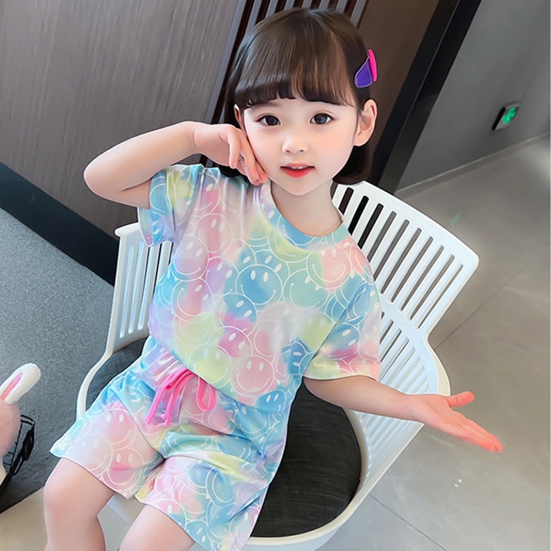Bé Gái Hàn Quốc Thời Trang Mẫu In Khuôn Mặt Cười áo Thun Và Quần Short Thiết Lập 1-8 TuổI