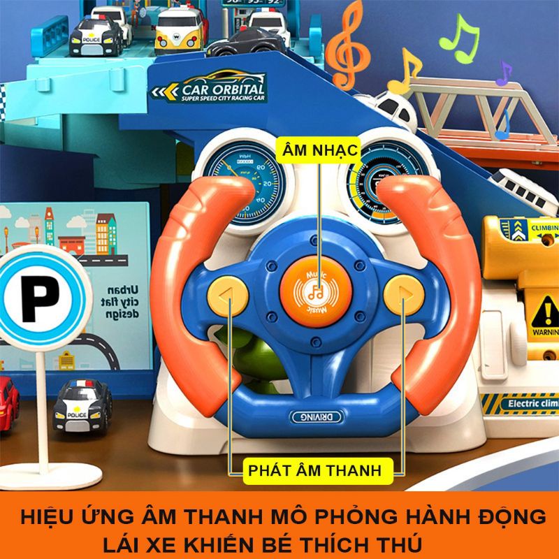 ĐỒ CHƠI BÃI ĐỔ XE KÈM VÔ LĂNG ĐIỀU KHIỂN HIỆU ỨNG ÂM THANH KÈM 4 XE CON