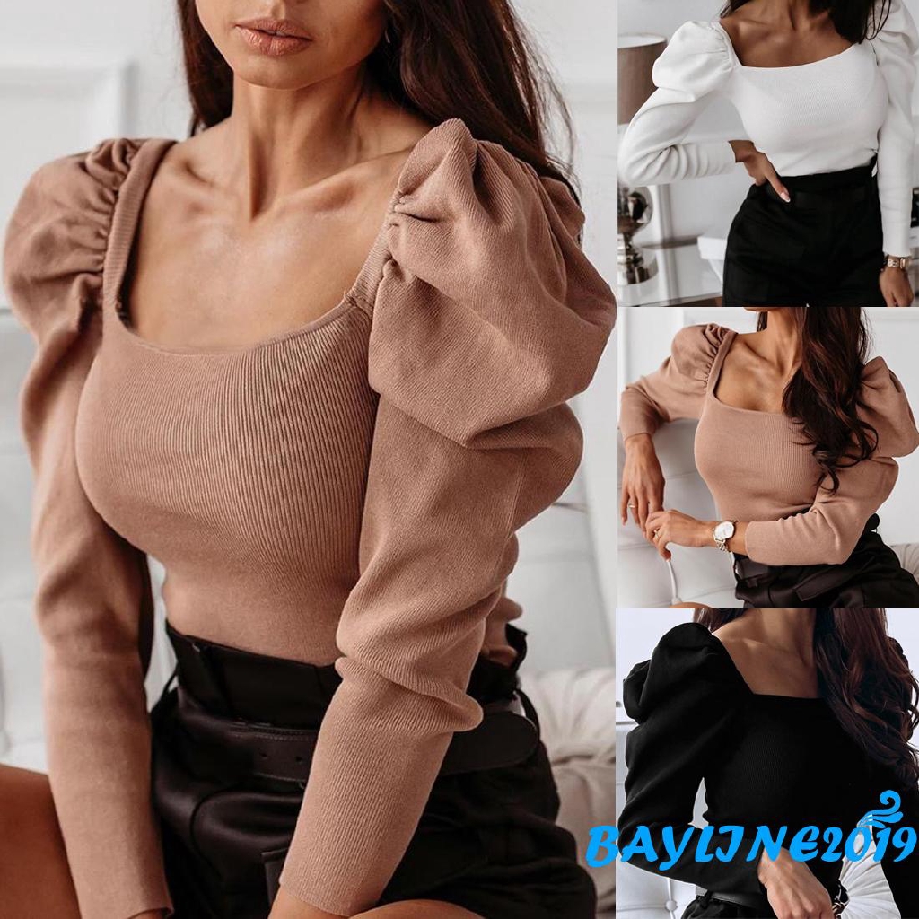 Áo Kiểu Dệt Kim Nữ Tay Dài Màu Trơn Thời Trang