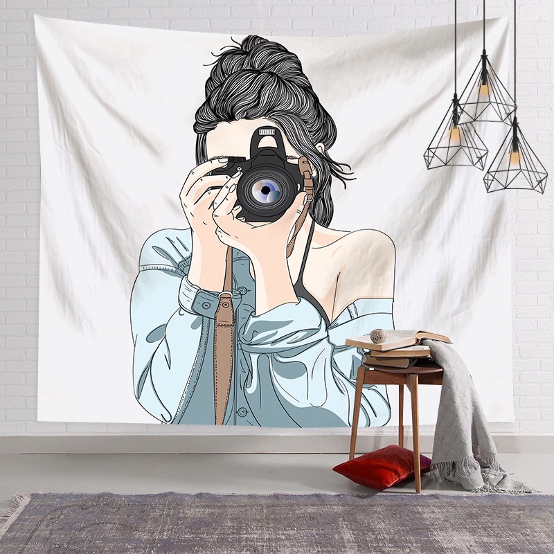 Thảm trang trí - Tranh vải treo tường decor phòng hình cô gái chụp ảnh tặng kèm móc treo