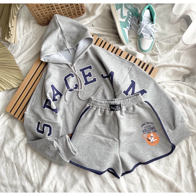 Set áo hoodie dáng ngắn chữ + quần short tt viền kèm ảnh thật