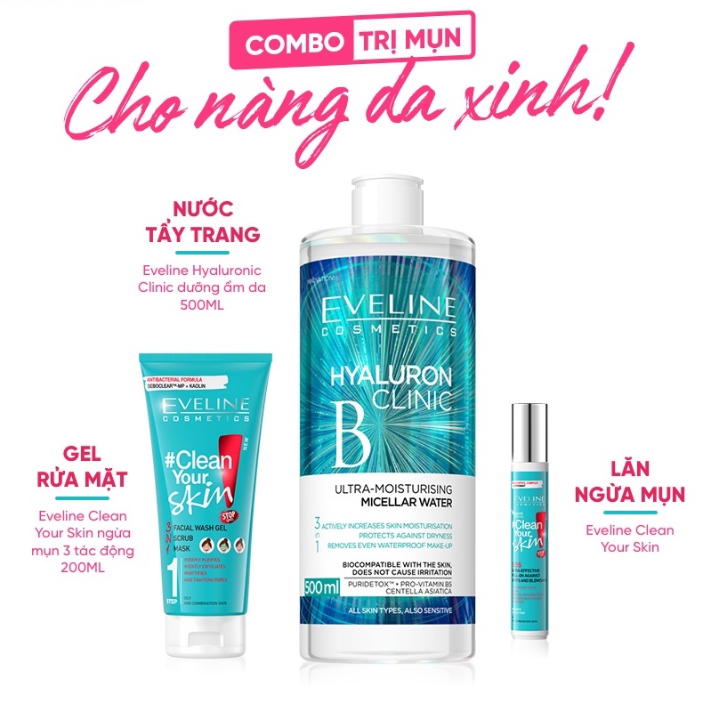 Gel Rửa Mặt Sạch Sâu Ngừa Mụn Eveline 200ML 3 Trong 1 Clean Your Skin