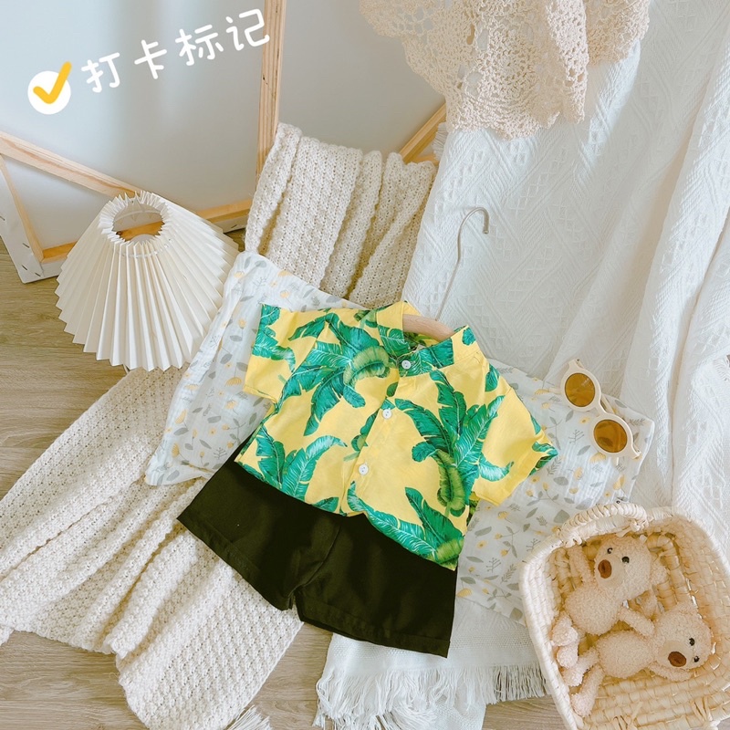 (jean baby) Bộ sơ mi đũi hoạ tiết hoa lá đi biển cho bé(8-20kg)