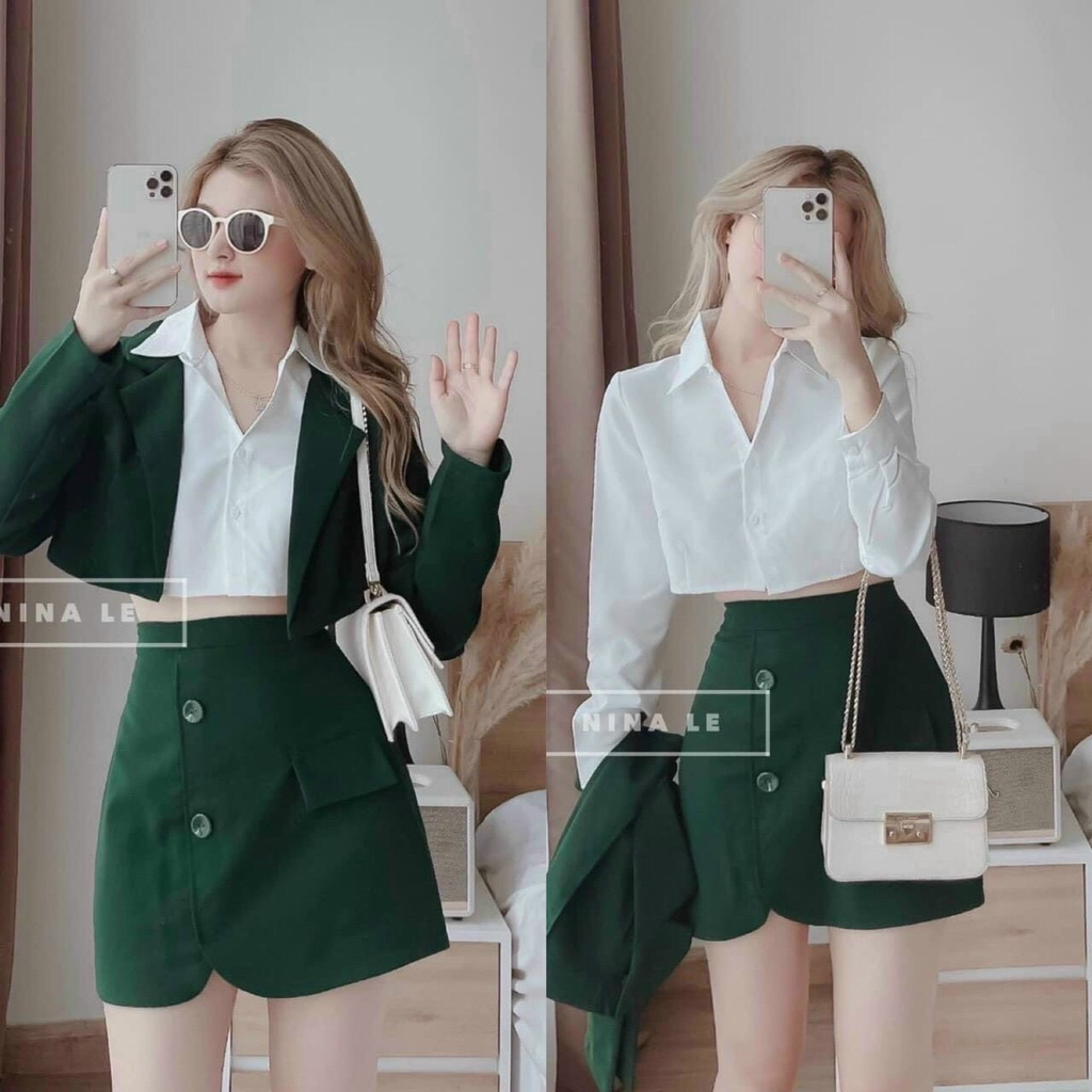 (GIẢM 50% ) Set Đồ Nữ Combo Aó Sơ Mi Phối Áo Vest Kết Hợp Chân Váy Kiểu Thời Trang Mới Cao Cấp DXS110