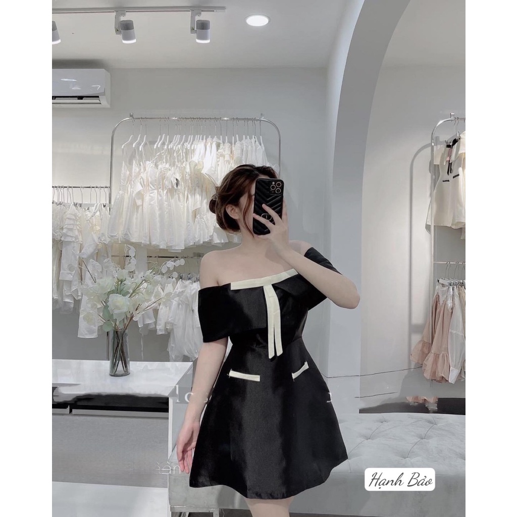 Váy tafta trễ vai nơ ngực 2 túi