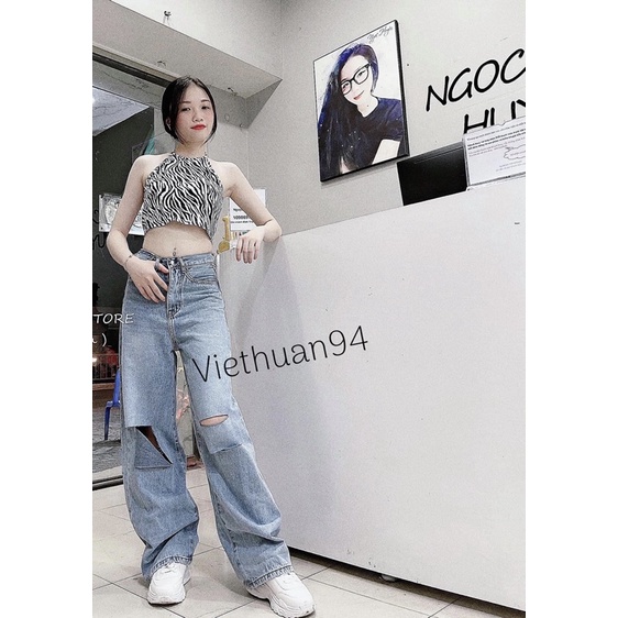 Quần jeans suông rách cá tính chất liệu không giãn cao cấp