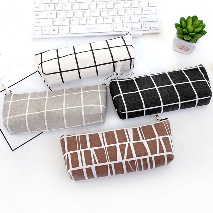 Túi đựng bút bằng vải canvas họa tiết kẻ sọc đơn giản sức chứa lớn có khóa kéo
